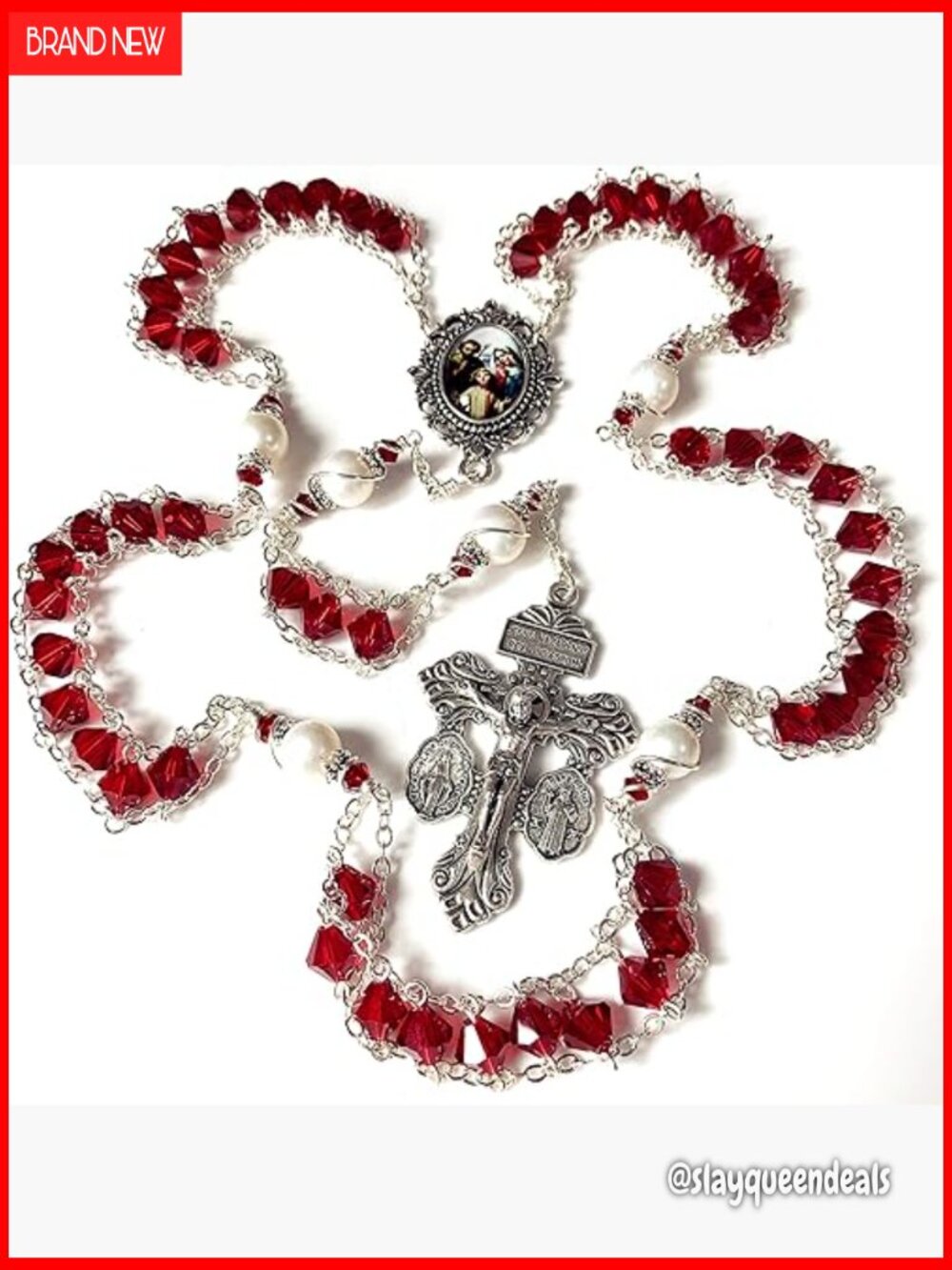 Catholic Holy Family Rosary Cross Necklace Crystal Pearl Beads